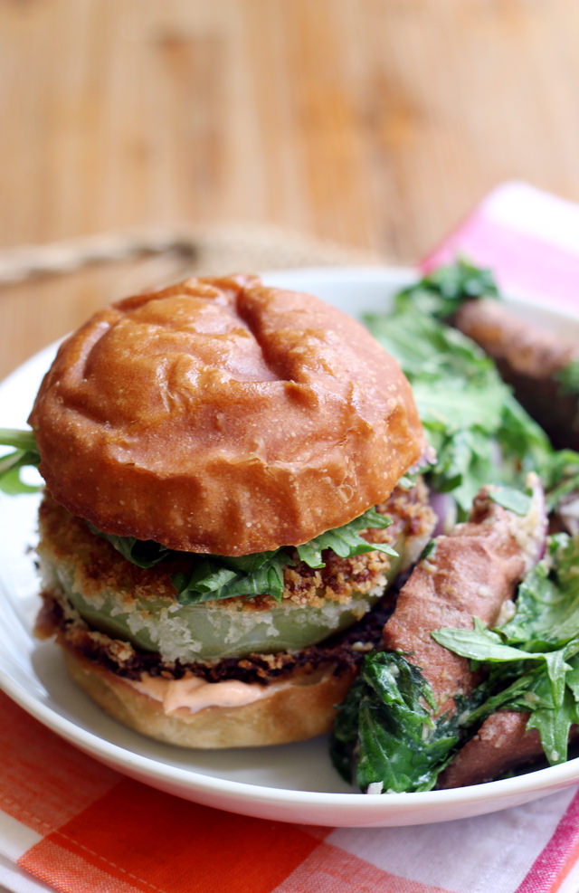 fried green tomato burgers with miso-dressed sweet potato salad