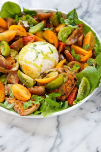 Farmer's Market Salad with Heirloom Tomatoes, Grilled Crostini, and Burrata