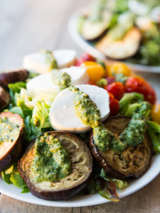 Roasted Eggplant and Burst Tomato Mozzarella Pesto Salad with Easy Dijon Vinaigrette