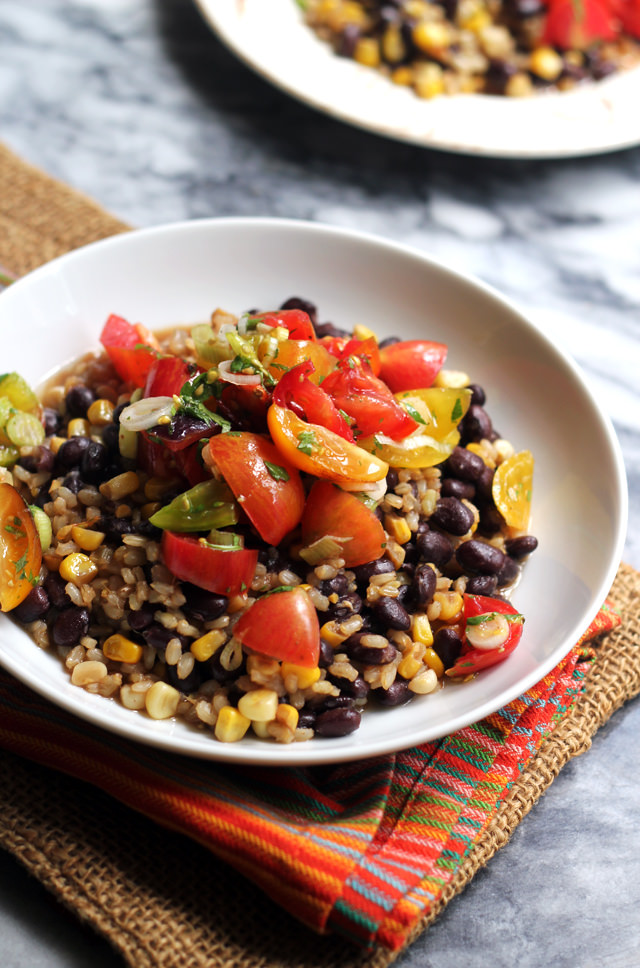 skillet brown rice and beans with heirloom tomato salsa