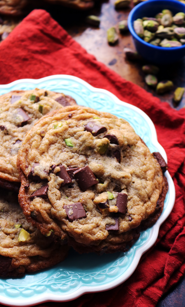 Thick and Chewy Smoked Sea Salt, Pistachio, and Chocolate Chunk Cookies
