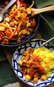 Spicy Vegan Thai Coconut Red Curry with Coconut-Saffron Rice