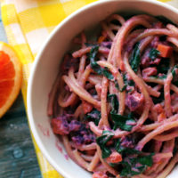 Sweet Potato and Garlicky Swiss Chard Bucatini with Blood Orange Goat Cheese Sauce