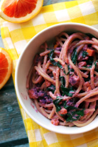 Sweet Potato and Garlicky Swiss Chard Bucatini with Blood Orange Goat Cheese Sauce