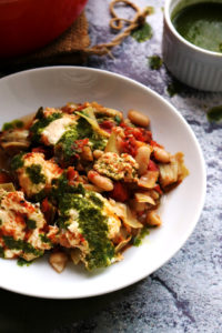 Tuscan Baked White Beans and Artichokes with Ricotta and Basil Oil