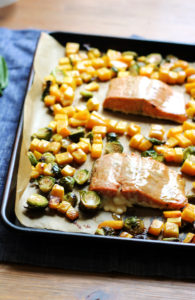 Sheet Pan Brown Sugar Salmon with Roasted Butternut Squash and Brussels Sprouts
