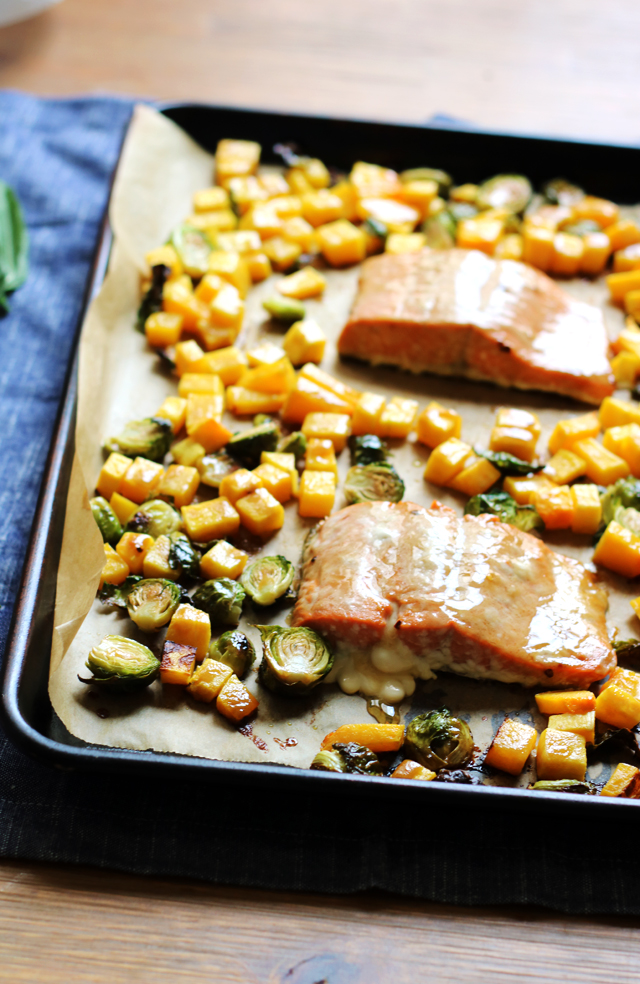 Sheet Pan Brown Sugar Salmon with Roasted Butternut Squash and Brussels ...