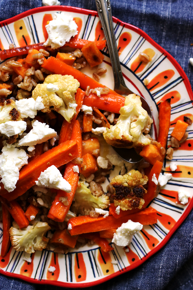 Mustardy Farro Salad with Roasted Root Vegetables and Goat Cheese