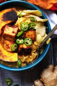 Peanut-Miso Ramen Noodles with Spicy Tofu, Kabocha and Wild Mushrooms