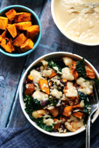 Vegetarian Macro Bowls with Miso-Glazed Kabocha Squash, Kimchi, Brown Rice, and Tahini Sauce