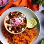 Cranberry Beans with Tequila, Green Chiles, Quick-Pickled Onions, and Mexican Rice