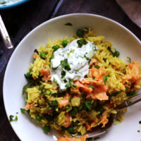 Smoked Salmon and Curried Rice Bowls with Cucumber Raita