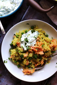 Smoked Salmon and Curried Rice Bowls with Cucumber Raita