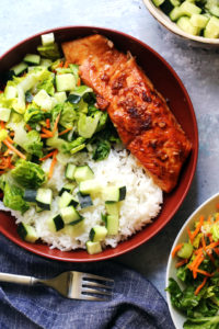 Korean BBQ Salmon Bowls with Quick-Pickled Cucumbers and Gochujang Sauce