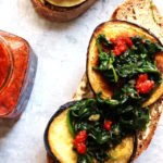 Roasted Eggplant and Hummus Tartines with Harissa and Garlicky Spinach