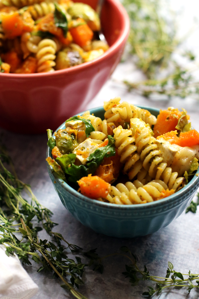 Roasted Butternut and Brussels Sprout Pesto Pasta Salad