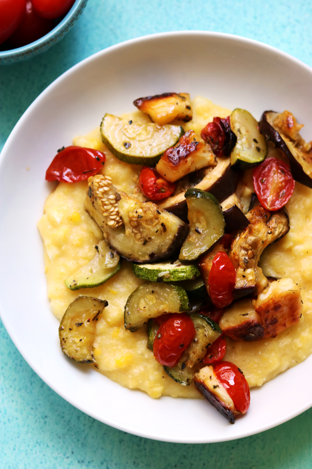 Roasted Halloumi and Summer Vegetable Bake with Fresh Corn Polenta ...