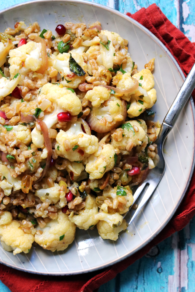 Roasted Cauliflower and Farro Salad with Pistachios and Pomegranate
