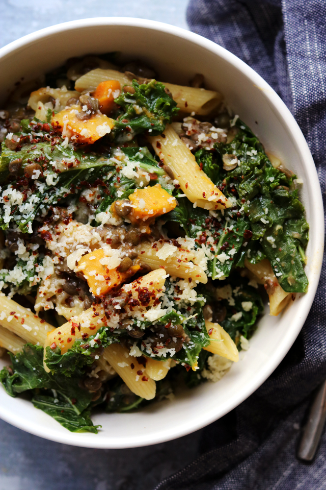 One-Pan Pasta with Squash, Kale, and Capers