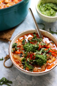 Chickpea, Tomato, and Orzo Soup with Basil Pesto