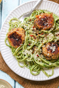 Spaghetti with Arugula Pistachio Pesto and Butternut Squash Polpette