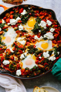 Sweet Roasted Pepper, Kale, and Goat Cheese Shakshuka