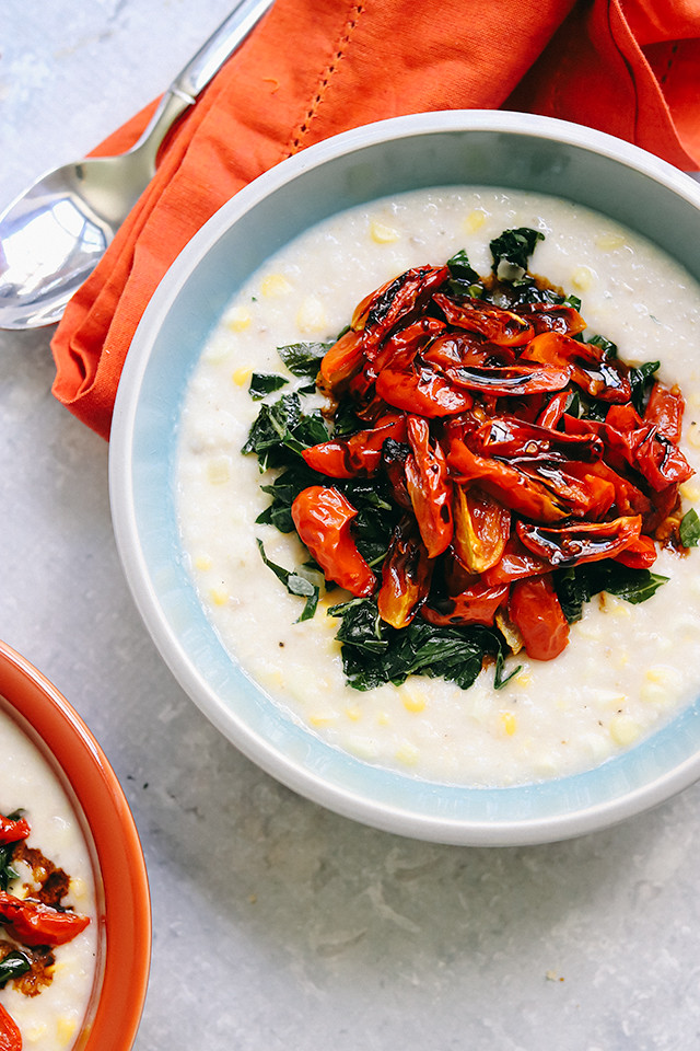 Fresh Corn Grits with Collard Greens and Roasted Cherry Tomatoes