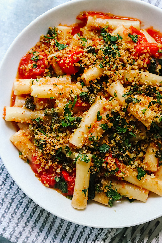 Pasta with Burst Cherry Tomato Sauce and Fried Caper Crumbs