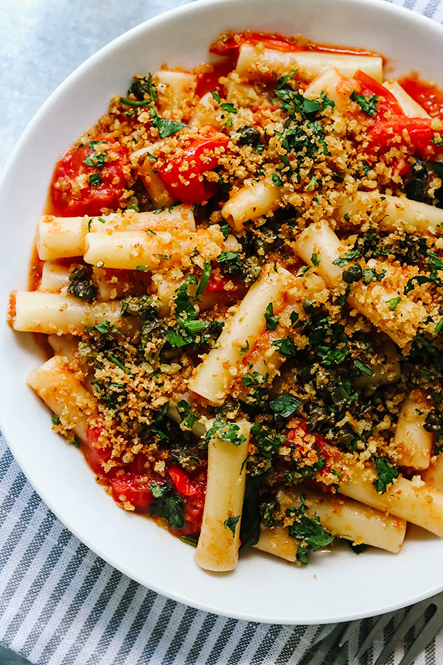 Pasta with Burst Cherry Tomato Sauce and Fried Caper Crumbs - Joanne Eats  Well With Others