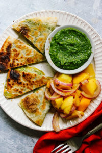 Garlic Scape Pesto Quesadillas with Spicy Mango Salad