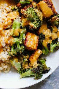 Crispy Roasted Tofu and Broccoli with Sesame-Peanut Pesto