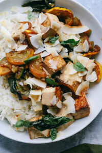 Stir Fried Tofu with Summer Squash, Basil, and Toasted Coconut