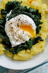 Golden Saffron Mashed Potatoes with Hearty Greens and a Poached Egg