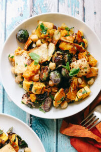 Roasted Delicata Squash and Brussels Sprout Fall-toush Salad