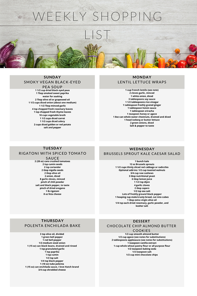 Vegetarian meal plan weekly shopping list