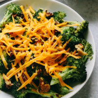Roasted Broccoli with Spicy Pecan Salsa and Cheddar Cheese