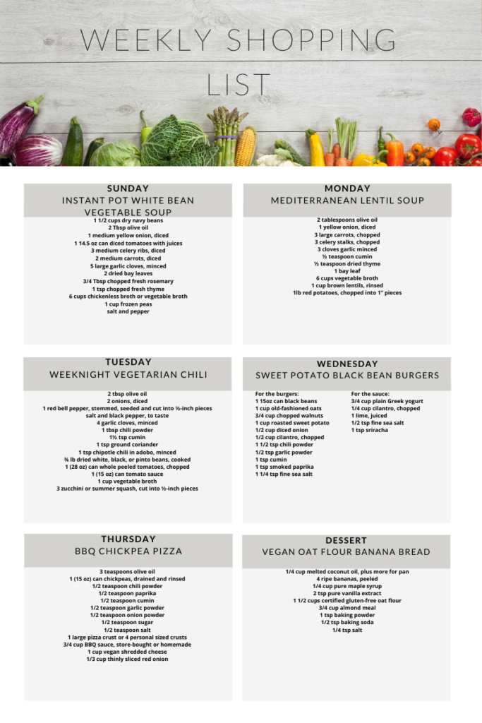 vegetarian meal plan with grocery list