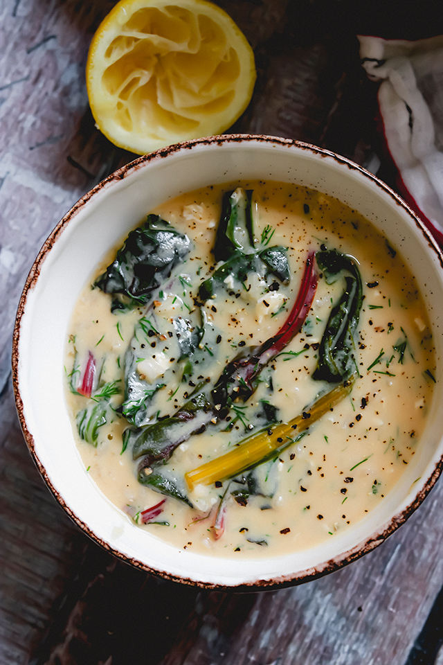 Vegetarian Greek Avgolemono Soup with Rice and Greens