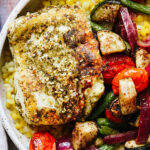 Za’atar Crusted Halloumi with Sumac Roasted Vegetables and Couscous
