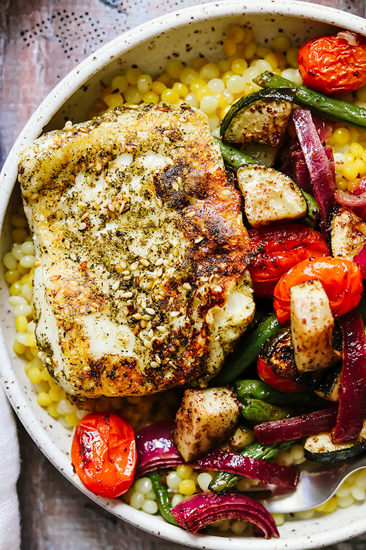 Za'atar Crusted Halloumi with Sumac Roasted Vegetables and Couscous