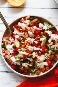 Crispy Chickpea and Farro Tabbouleh Bowls with Feta and Tahini-Yogurt Sauce