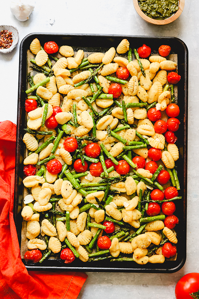 Crispy Sheet Pan Gnocchi with Spring Vegetables and Pea Pesto Joanne