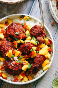 Chipotle Honey BBQ Cauliflower Wings with Mango Salsa and Coconut Rice