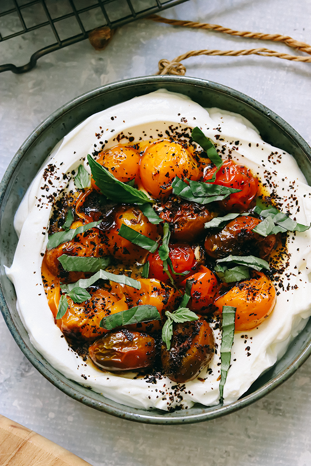 Charred Roasted Cherry Tomatoes with Cold Yogurt