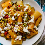 Pasta with Zucchini, Tomatoes, Pistachios, and Feta