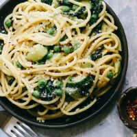 Creamy Bucatini with Zucchini, Peas, and Spinach
