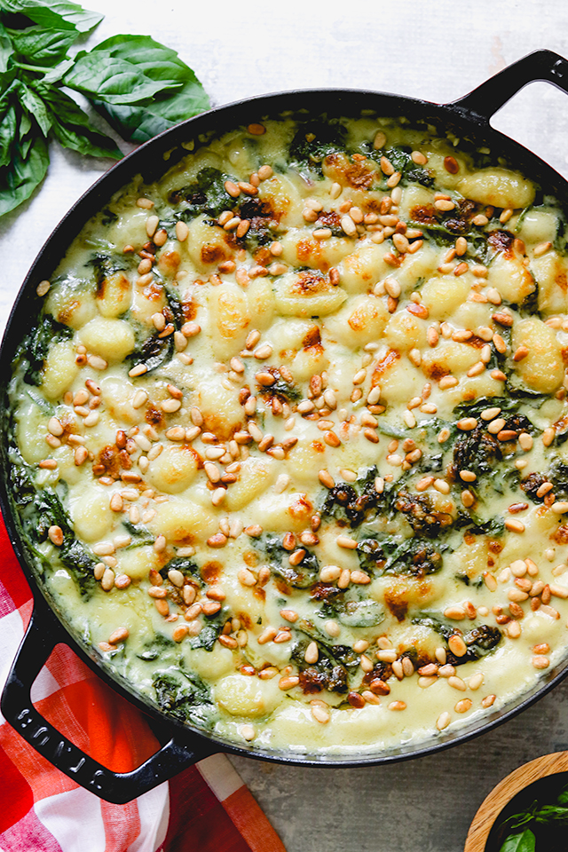 Creamed Spinach Gnocchi Bake with Toasted Pine Nuts