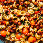 One Pot Orecchiette Puttanesca with Spiced Crispy Chickpeas