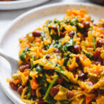 One Pot Vegan Caribbean Pelau with Beans and Spinach
